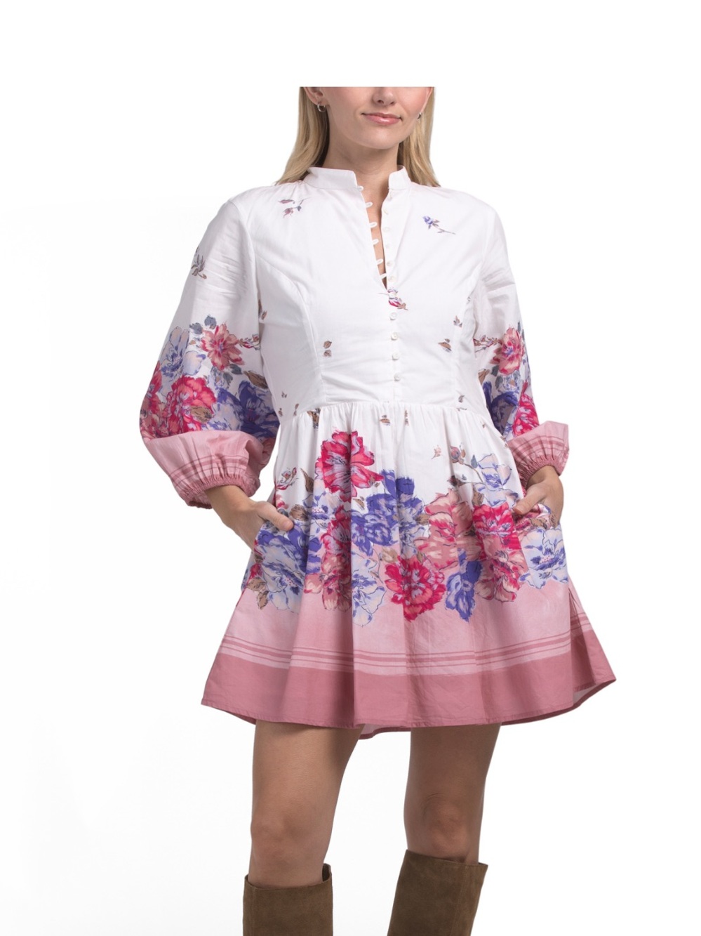 Cleobella White Mini Dress with Pink & Purple Floral Border
